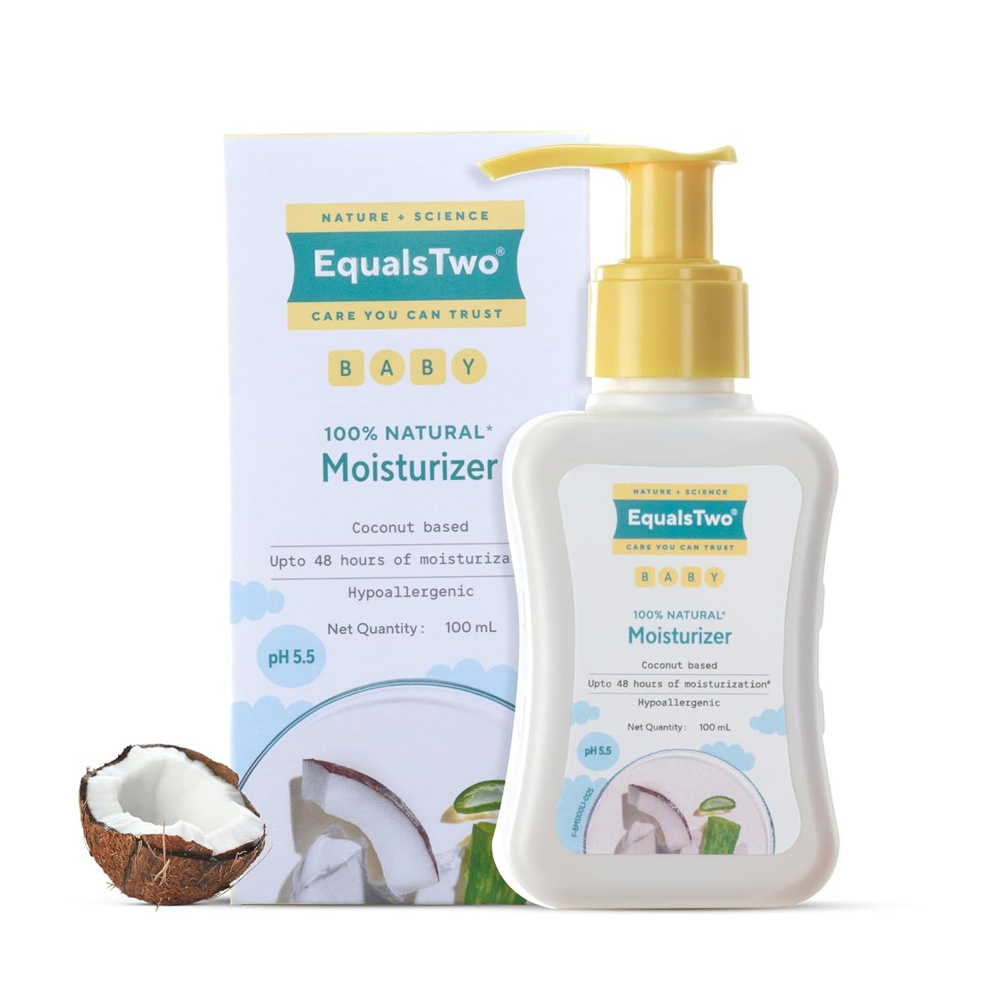 EQUALSTWO by Zydus Baby Moisturizer, 100ml, 100% Natural Coconut based Daily Baby Skin Care Body Lotion for Nourishing Skin, All Skin Types, PH 5.5, Dermatalogically Tested, No Parabens No Sulphates, (Pack 1)