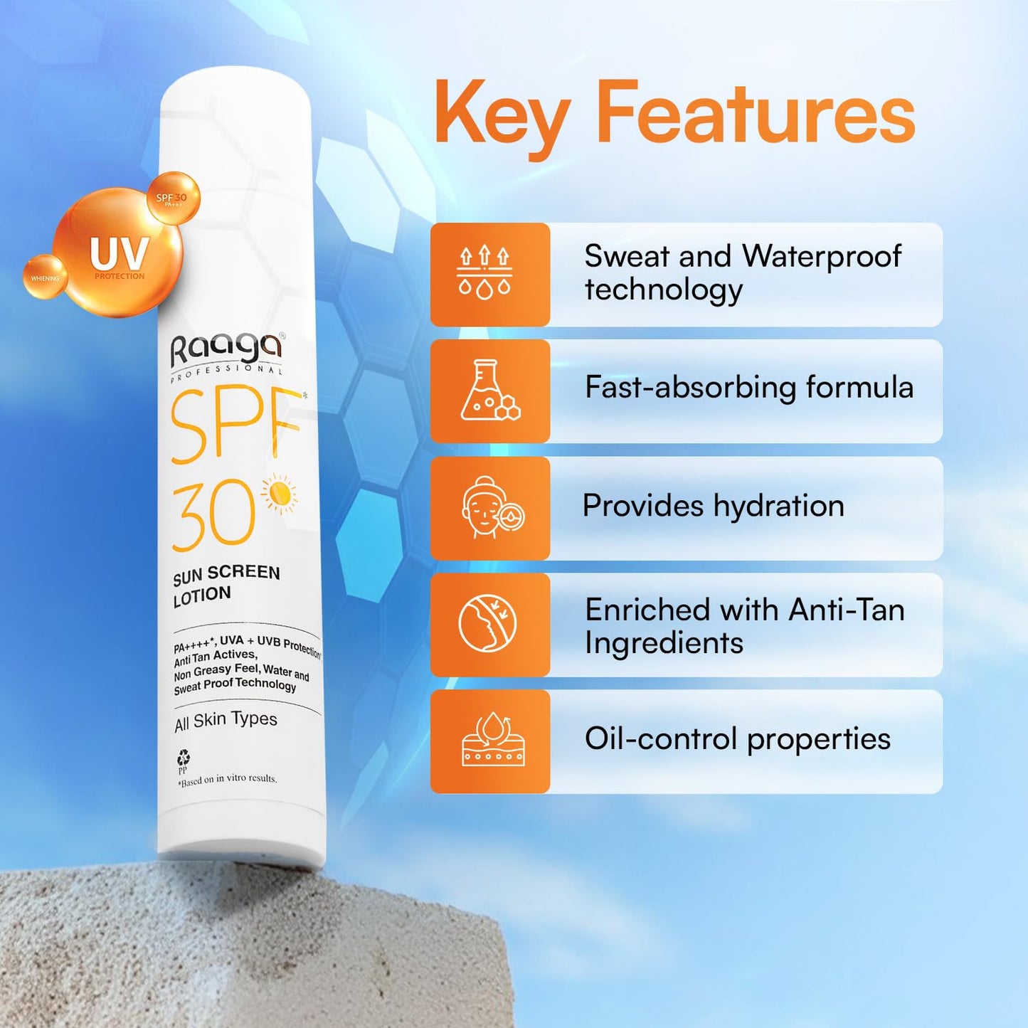 Sunscreen lotion bottle with key features listed on a blue background