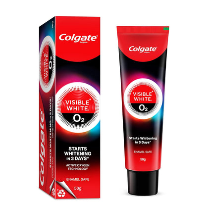 Colgate Visible White O2, Teeth Whitening Toothpaste (50g) for noticeably whiter teeth starting in 3 days with Active Technology, Enamel Safe Teeth Whitening & Fresh Breath