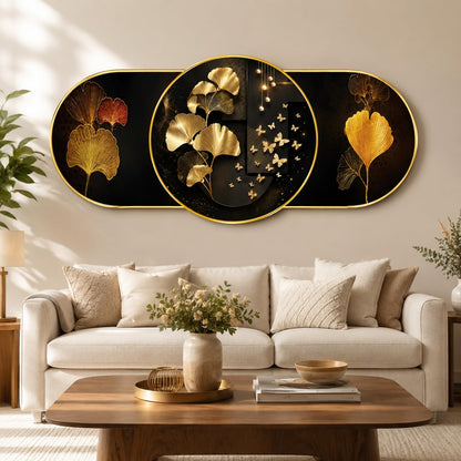 Golden Ginkgo Leaf Wall Painting for Living Room Bedroom Decor, Black Gold Floral Round Modern Art with Premium PVC Golden Frame (16 x 35 Inch)