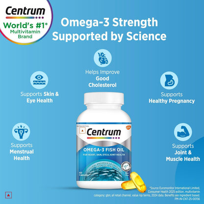 Centrum Omega 3 Fish Oil Capsules 1000mg Supplements | Omega 3 with 180mg EPA, 120mg DHA for Hair and Skin Health, Joint Health, Brain Health | No Fishy Aftertaste - 60 Capsules
