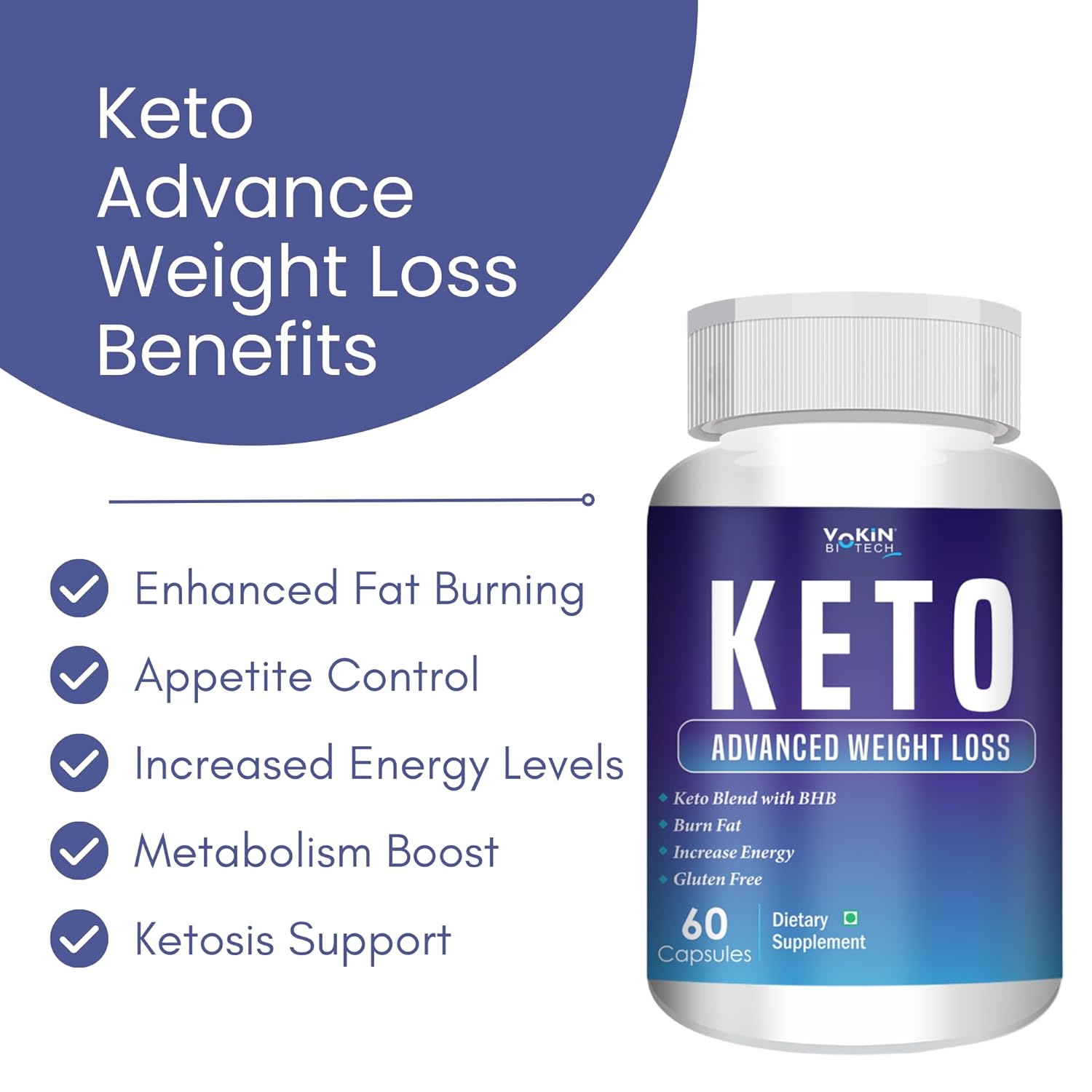 Keto supplement bottle with benefits listed on a white background