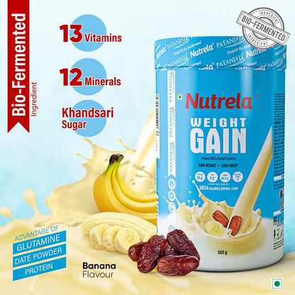 Nutrela Weight Gainer | 500g Banana Flavour | High-Calorie Mass Gainer with Vitamins & Minerals | Ideal for Men Women & Kids