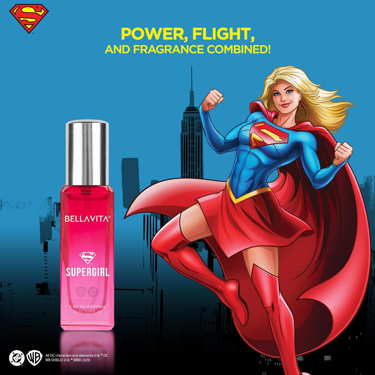 Bellavita Supergirl perfume bottle with a superhero character against a cityscape background