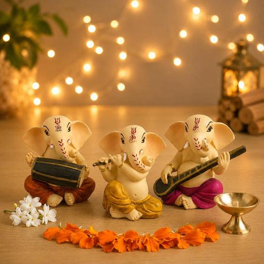 Sitting Ganesha with Musicall Instrumnents Decorative Statue for Home Decor - (Set of 3 Piece, Multicolor)