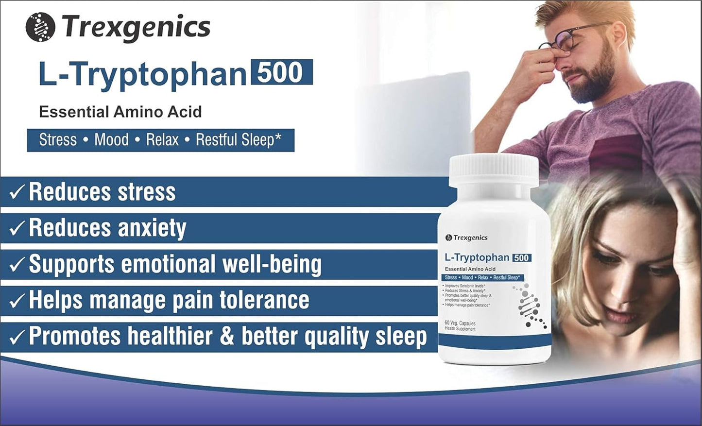 Trexgenics L-TRYPTOPHAN 500mg Essential amino acid, Stress, Mood, Relax, Restful Sleep Support (60 Vcaps) (1)