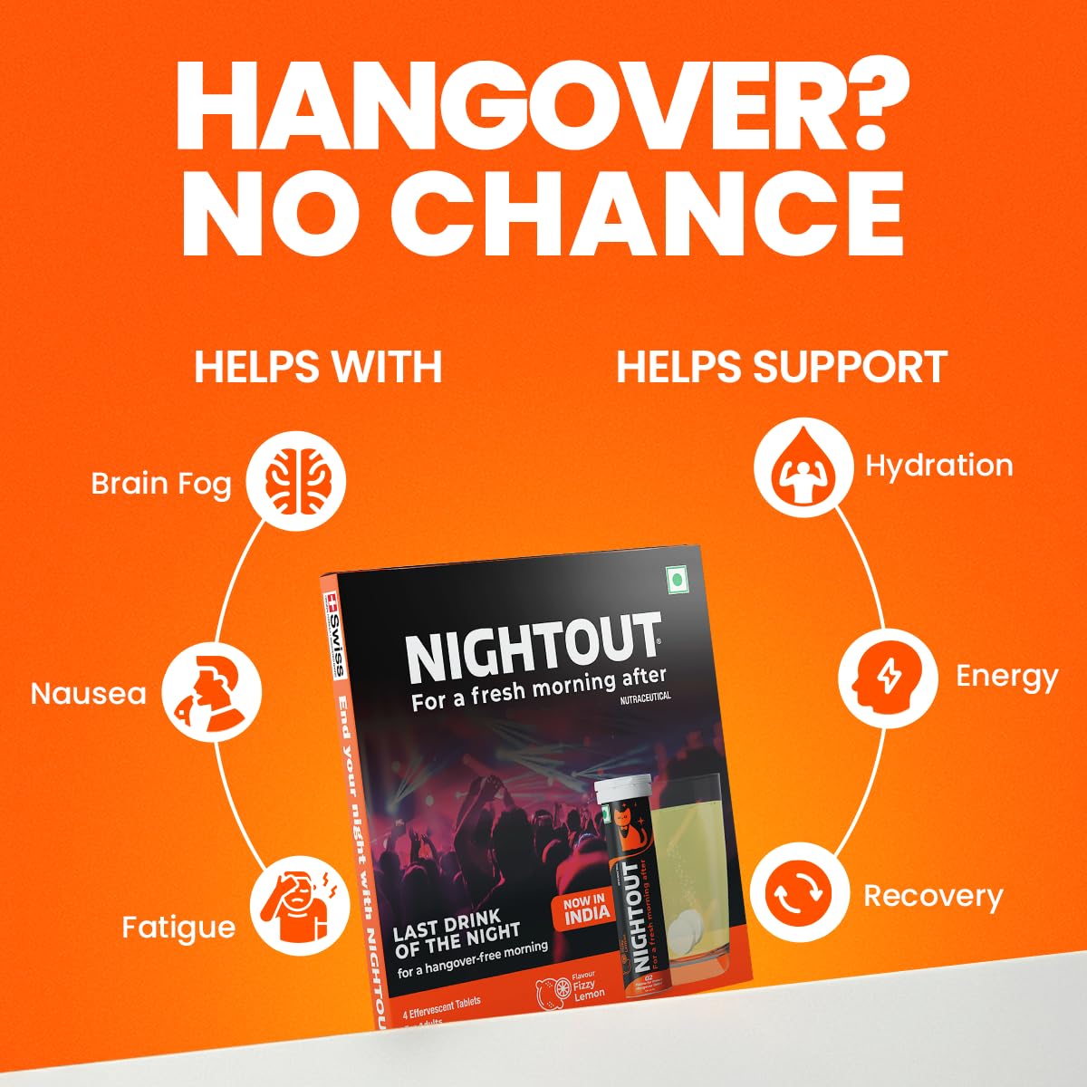 Fast&Up NightOut | 4 Effervescent tabs | Instant Hangover Relief | Helps detoxify liver | Rapid hydration & energy | Helps prevent Hangover | Zero sugar | Fizzy lemon flavour
