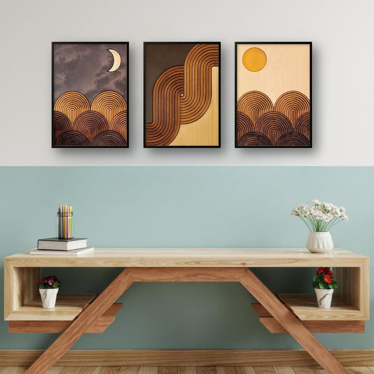 Mid-Century Modern Wall Art Set of 3 - Abstract Geometric Prints for Living Room Decor - Boho Sun and Moon Landscape Art With Frame