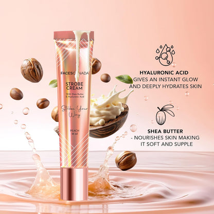 FACES CANADA Strobe Cream Mini- Peach, 18ml | Primer + Highlighter + Moisturizer | Shea Butter & Hyaluronic Acid | Intense Hydration | Flawless Radiant Dewy Skin | Illuminating & Glowing Makeup Base