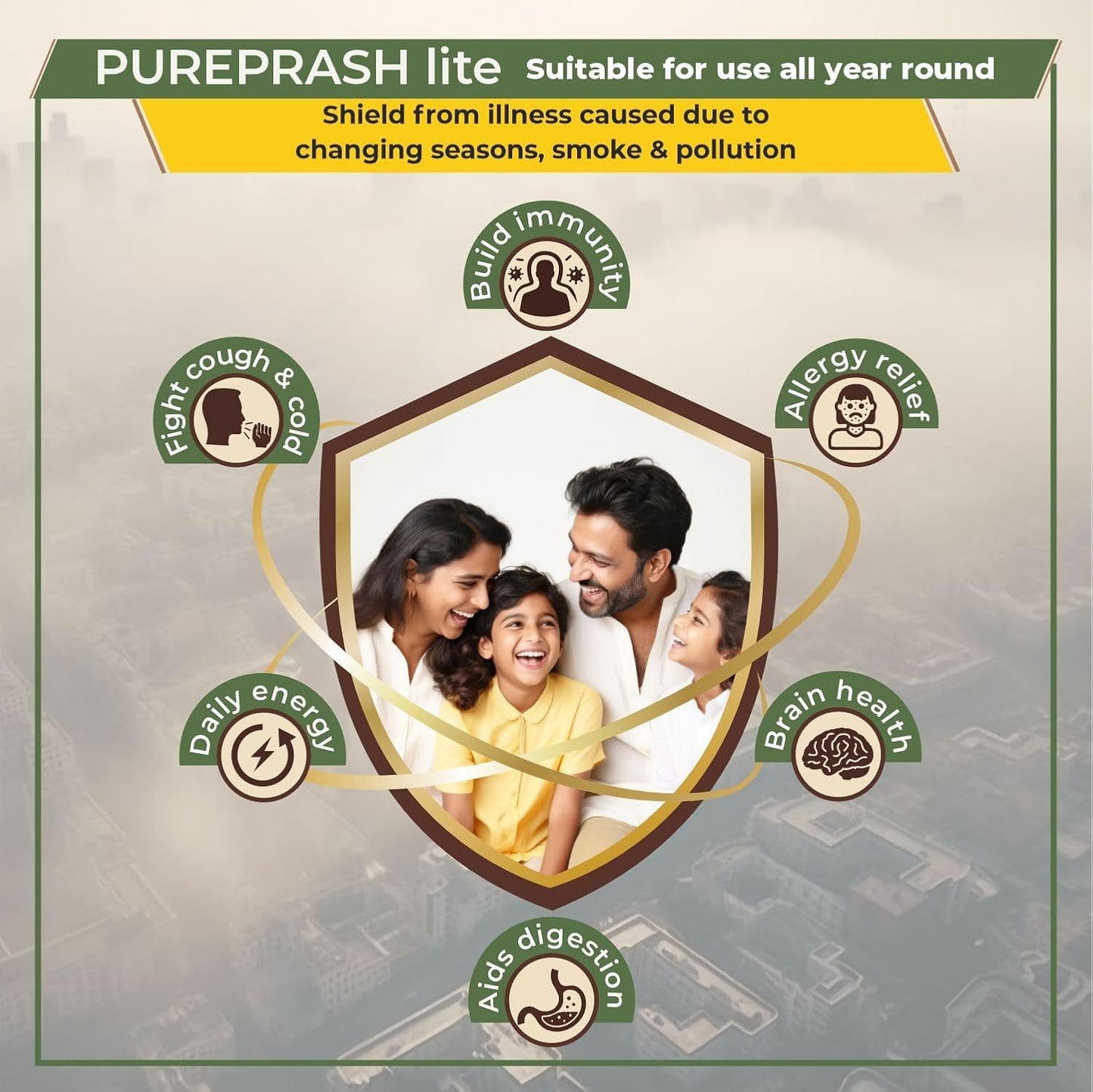 Advertisement for PUREPRASH lite with a family and health benefits listed.