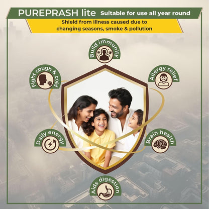 Advertisement for PUREPRASH lite with a family and health benefits listed.