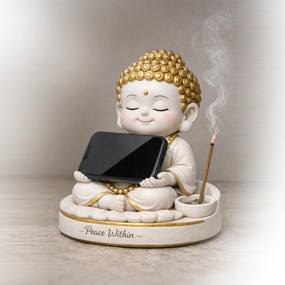 Baby Buddha Statue for Home Decor, 5 Inch White and Gold | Meditation Buddha Idol | Cute Monk Showpiece for Living Room, Office Desk, Table Decor & Gift Item