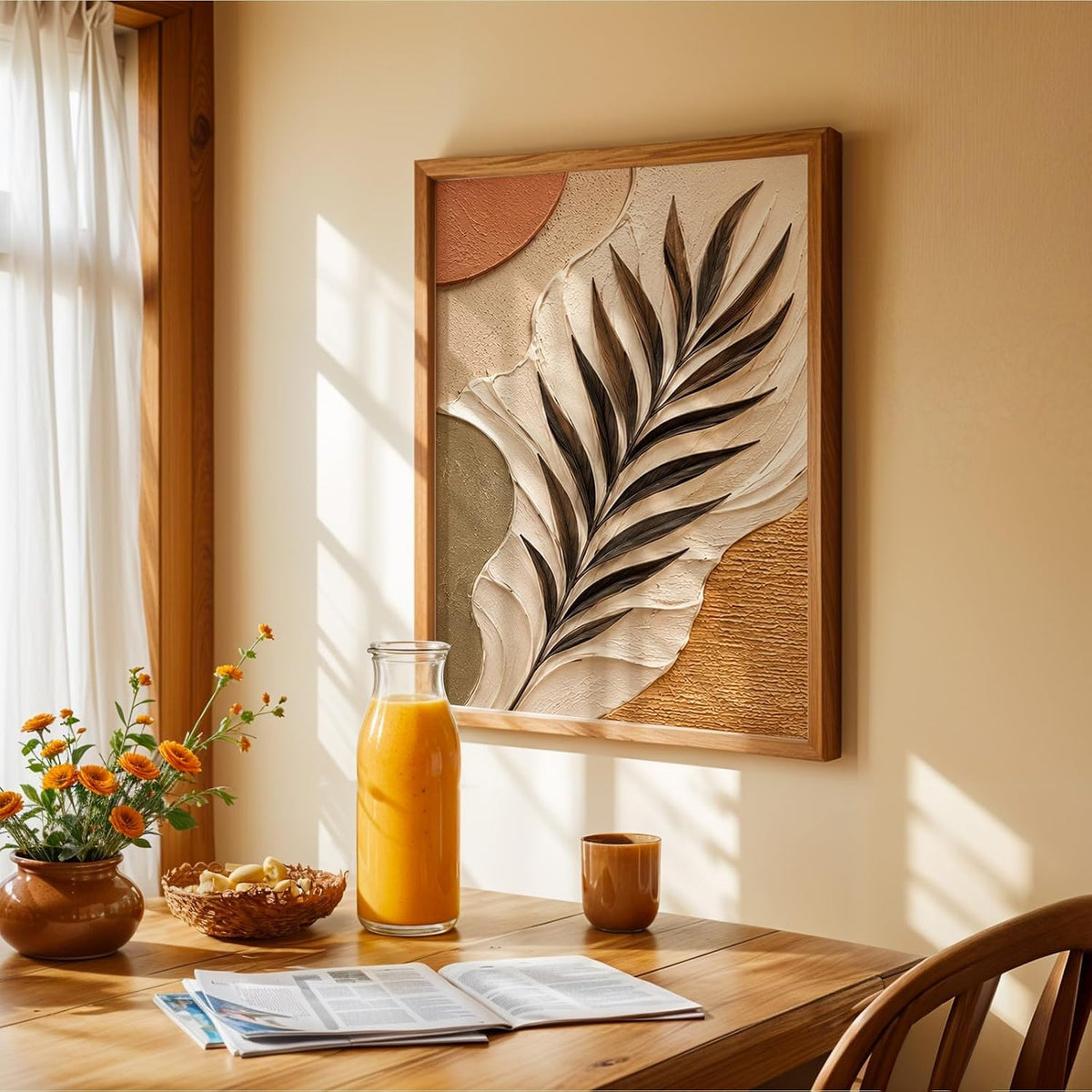 Floral Botanical Wall Painting with Frame | Premium Textured Flower & Leaf Artwork, Pastel Nature Wall Decor Framed for Living Room Bedroom Office and Home Decoration (Art-2,13x19inch)