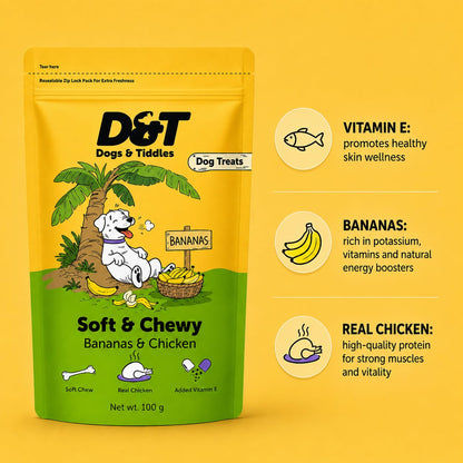 Dogs & Tiddles Banana & Real Chicken Dog Treats for Puppies & Adult Dogs, 100g | Soft & Chewy Puppy Treats | Supports Strong Bones & Teeth| Tasty Training Treats and Dog Snacks