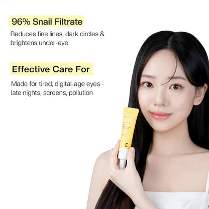 Woman holding a skincare product with text about snail filtrate and its benefits.