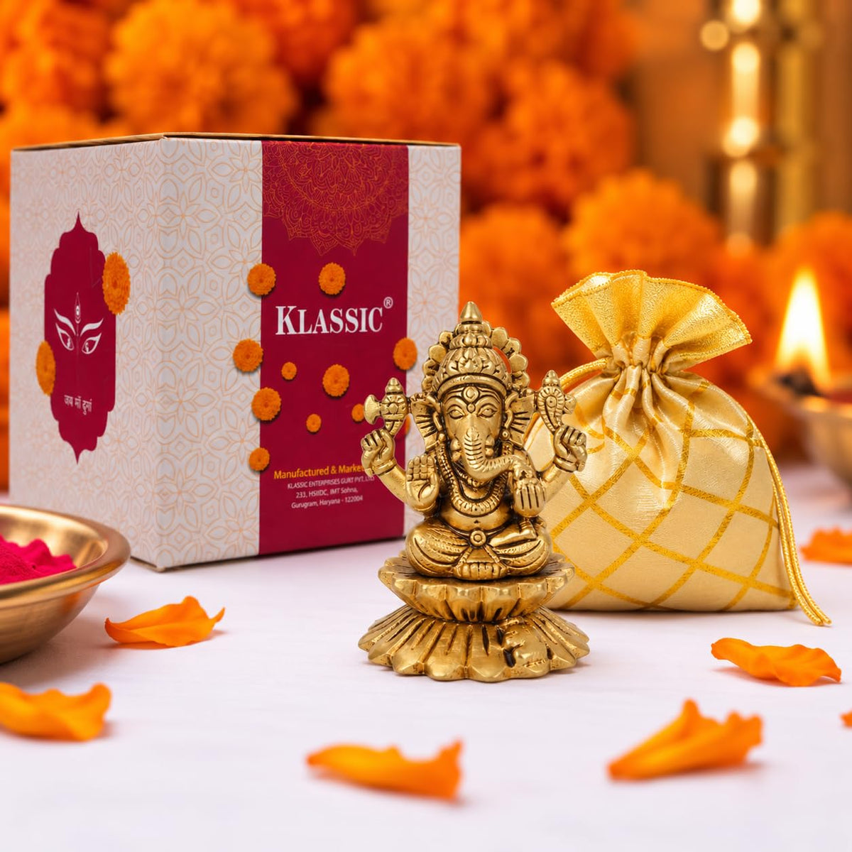 3 Inch Pure Brass Kamal Ganesh Idol | Lotus Seated Vighnaharta Murti for Home Temple, Pooja Room, Office Desk & Spiritual Decor | Ideal for Pooja, Diwali & Festive Gifting
