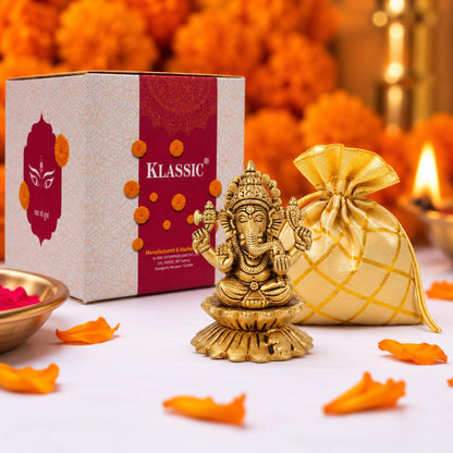 3 Inch Pure Brass Kamal Ganesh Idol | Lotus Seated Vighnaharta Murti for Home Temple, Pooja Room, Office Desk & Spiritual Decor | Ideal for Pooja, Diwali & Festive Gifting