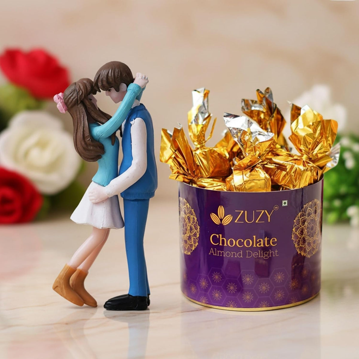 eCraftIndia Valentine Gift for Girlfriend Boyfriend Resin Romantic Hugging Couple Statue Decorative Showpiece | Zuzy Almond Chocolates Gift Box | Valentines Day Decoration Items