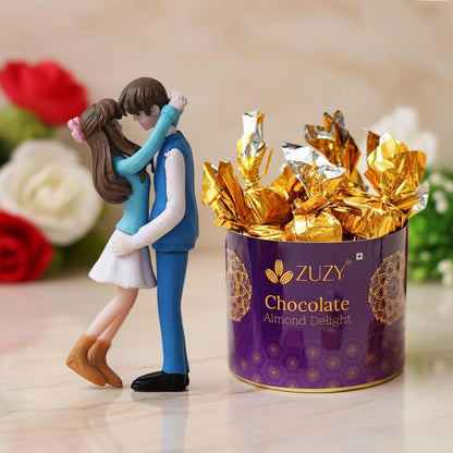 eCraftIndia Valentine Gift for Girlfriend Boyfriend Resin Romantic Hugging Couple Statue Decorative Showpiece | Zuzy Almond Chocolates Gift Box | Valentines Day Decoration Items