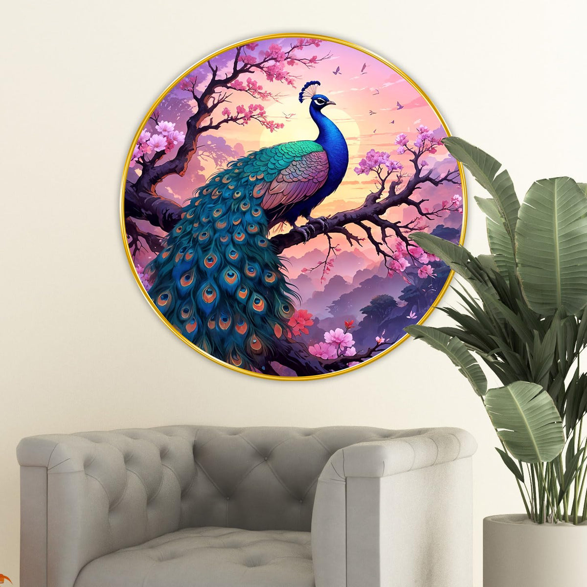 Peacock modern art Premium Sparkle lamination Golden Slim Frame 50.8 cm x 50.8 cm Large Size, For Home/Office/Hotel painting GRL116