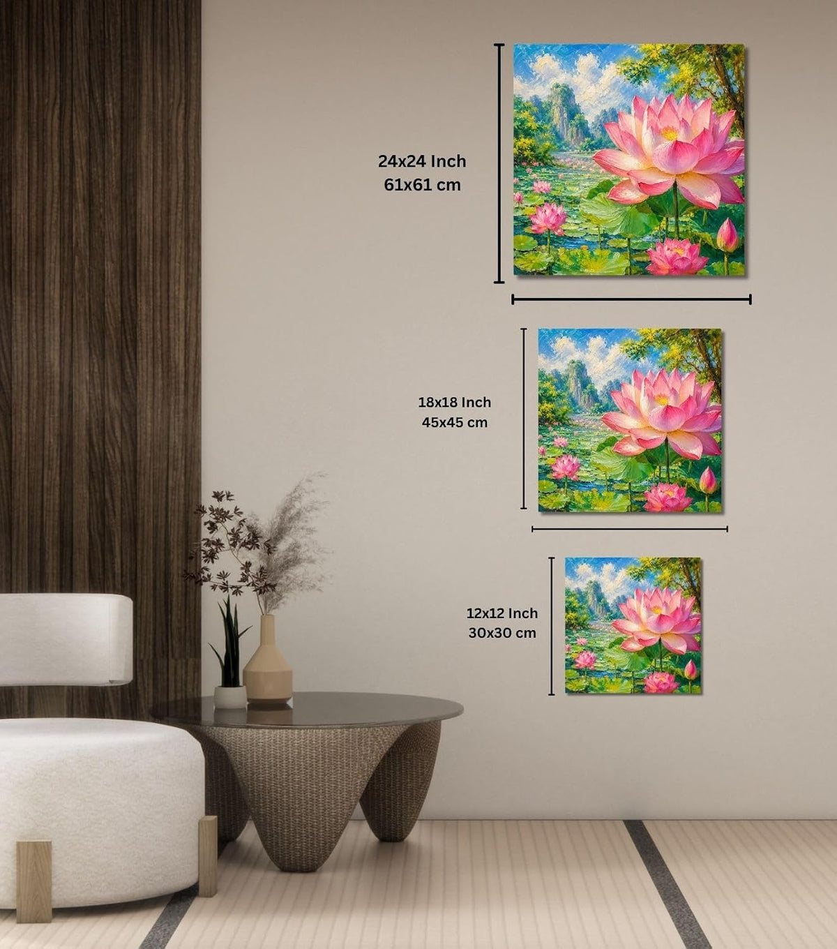 Lotus Flower Painting for Wall Vastu (15+ DESIGNS) Framed Lotus Canvas Painting for Living Room, Bedroom | Nature Floral Wall Art with Multiple Design Variations (Two Lotus, 18x18 Inch, Framed)