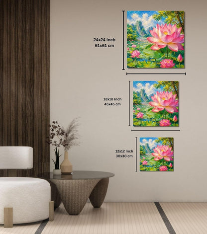 Lotus Flower Painting for Wall Vastu (15+ DESIGNS) Framed Lotus Canvas Painting for Living Room, Bedroom | Nature Floral Wall Art with Multiple Design Variations (Two Lotus, 18x18 Inch, Framed)