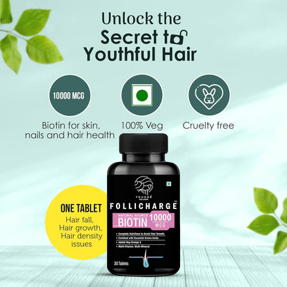 Touche Wellness Follicharge Tablets for Hair & Skin - Premium Formula with Biotin 10000 mcg with 18 Amino Acids, Mutli Minerals & Multivitamins for Men And Women 30 Tablets Bottle