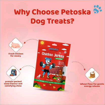PETOSKA Chicken Jerky- 100gms | Dog Treats Made with Real Chicken Meat | Highly Nutritious | Easy to Digest | Improved Eye Vision | Suitable for All Dog Breeds | Pack of 1