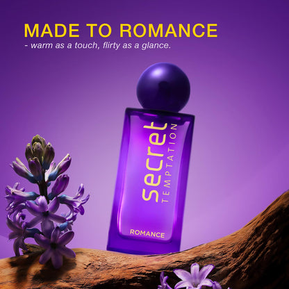 Purple perfume bottle labeled 'Secret Temptation Romance' with flowers on a purple background
