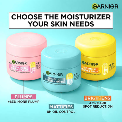 Three jars of Garnier moisturizers with color-coded labels on a blue background