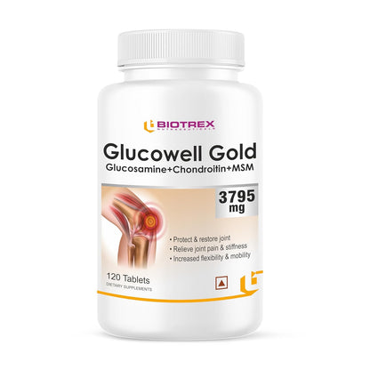 Biotrex Nutraceuticals Glucosamine+ Chondroitin + MSM 3795mg Glucowell GOLD - 120 Tablets, Cartilage & Joint Support Supplement, Glucosamine Chondroitin MSM for Joint Relieves Pain and Stiffness