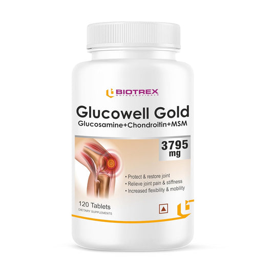 Biotrex Nutraceuticals Glucosamine+ Chondroitin + MSM 3795mg Glucowell GOLD - 120 Tablets, Cartilage & Joint Support Supplement, Glucosamine Chondroitin MSM for Joint Relieves Pain and Stiffness