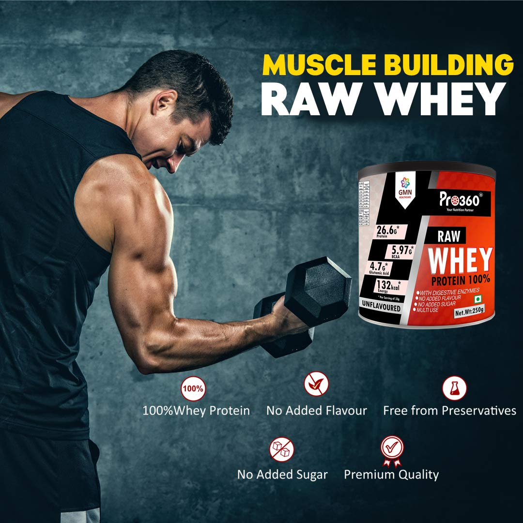 Pro360 Raw Whey Protein 100% - Unflavored - 250gm (100% Whey with Digestive Enzymes, 26.6g Protein, 5.97g BCAA, 4.7g Glutamic Acid per Serving)