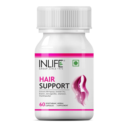 INLIFE Hair Support Supplement, Bhringraj, Brahmi, Ashwagandha and other Ayurvedic Herbs 500 mg - 60 Vegetarian Capsules (Pack of 1, 60)