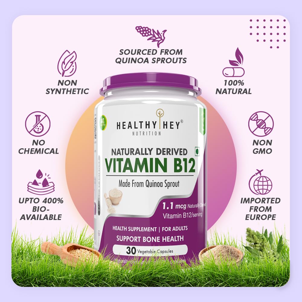 Vitamin B12 supplement container with branding and product details on a grassy background