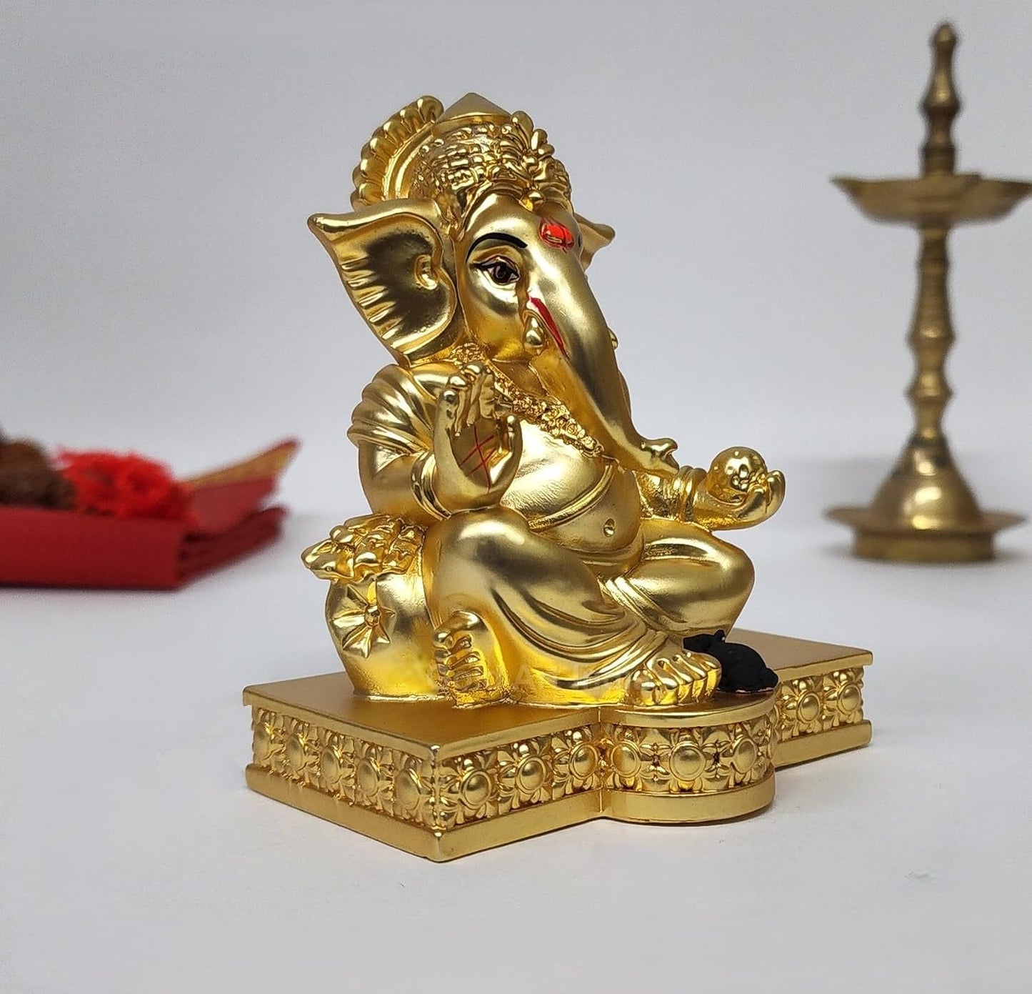 Gold Art India Gold Plated with Gold Matte Gaddi Ganesh Idol for Home Decor Ganesha Murti Ganpati Idol for Office Desk Puja Lord Ganesh Statue for Gifting Ganpati Idol for Mandir Pooja Room Figurine