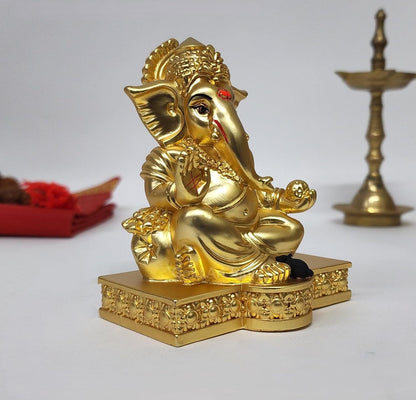 Gold Art India Gold Plated with Gold Matte Gaddi Ganesh Idol for Home Decor Ganesha Murti Ganpati Idol for Office Desk Puja Lord Ganesh Statue for Gifting Ganpati Idol for Mandir Pooja Room Figurine