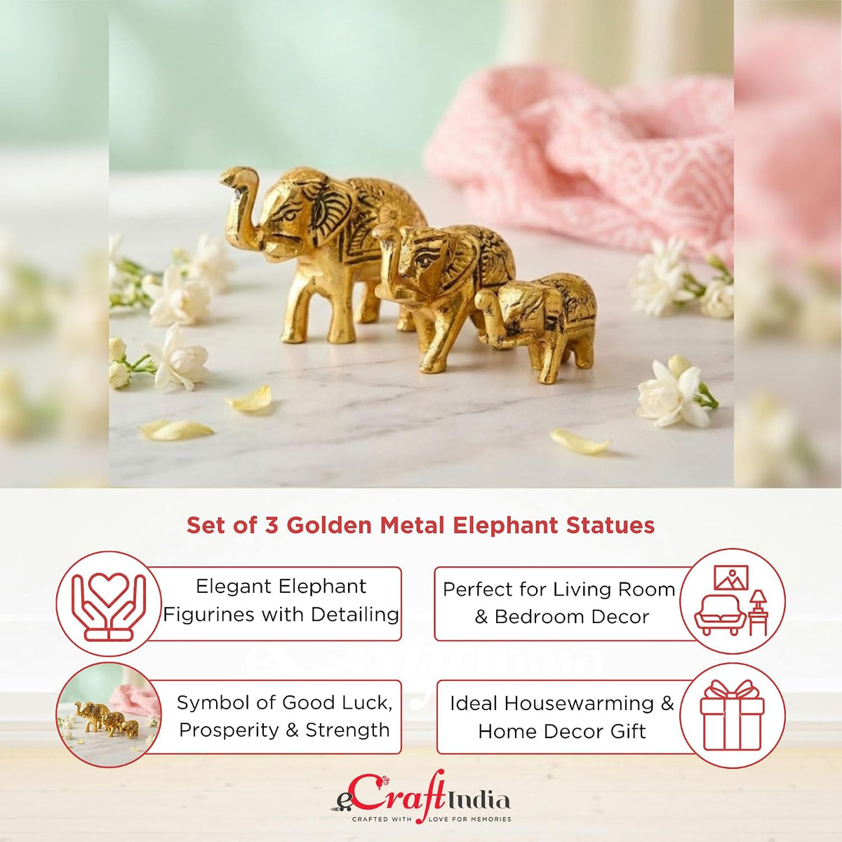 eCraftIndia Set of 3 Golden Metal Elephant Statues for Good Luck| Animal Figurines Decorative Elephant Showpieces| Elephant Decorative Items for Home Living Room Office| Gift for Diwali Housewarming