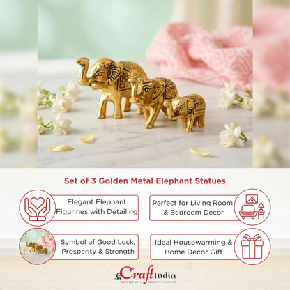 eCraftIndia Set of 3 Golden Metal Elephant Statues for Good Luck| Animal Figurines Decorative Elephant Showpieces| Elephant Decorative Items for Home Living Room Office| Gift for Diwali Housewarming