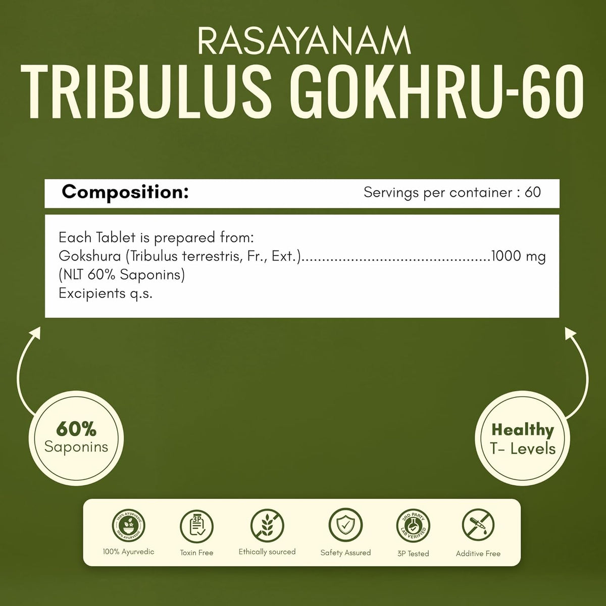 Product label for Rasayanam Tribulus Gokhru-60 on a green background