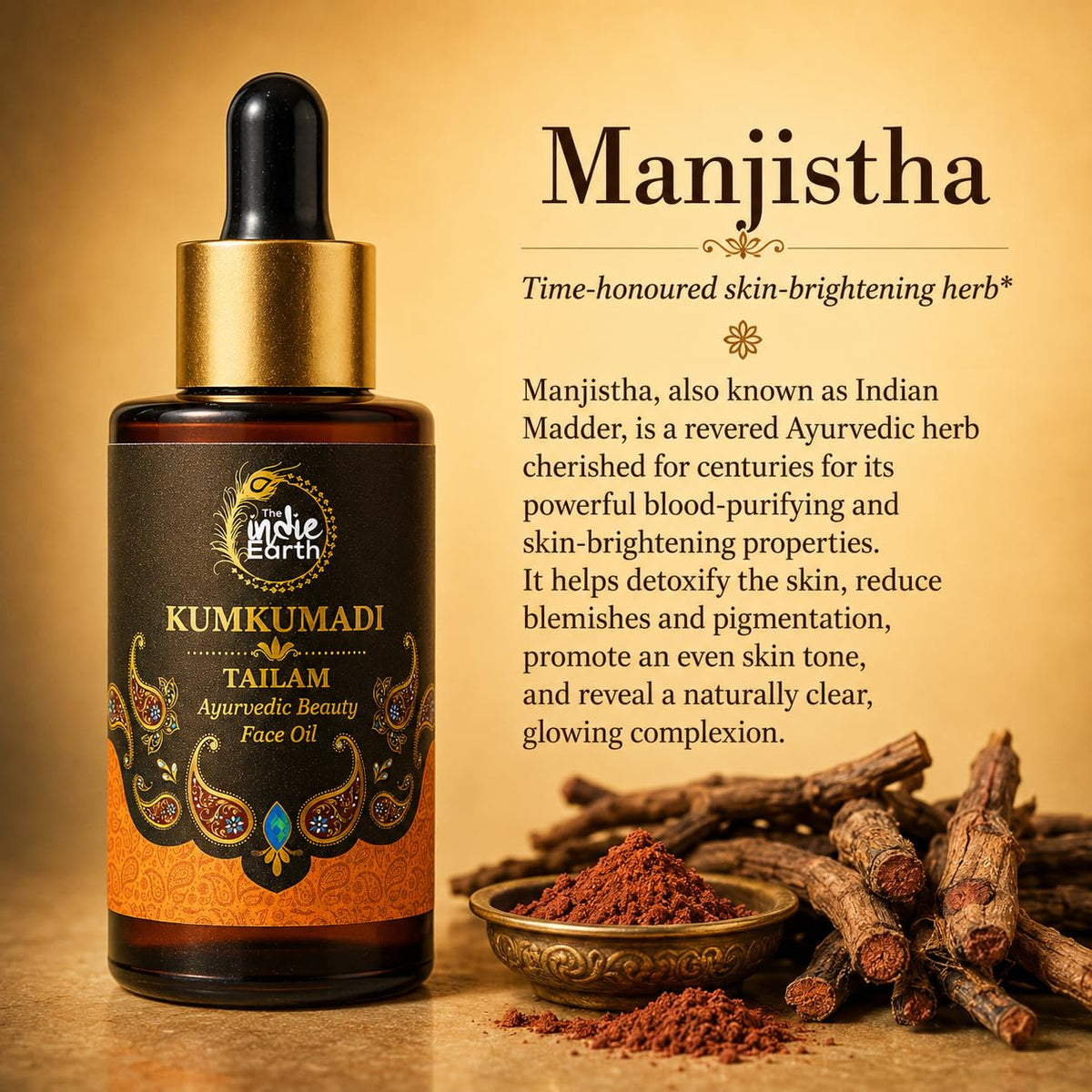 The Indie Earth Kumkumadi Tailam 30 ml | An Ayurvedic Beauty Face Oil | Miraculous Beauty Night Serum for Brighter, Glowing & Younger Looking Skin with Turmeric, Saffron, Blue Lotus & Indian Lotus