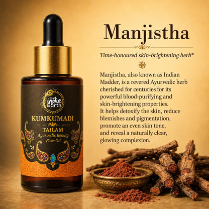 The Indie Earth Kumkumadi Tailam 30 ml | An Ayurvedic Beauty Face Oil | Miraculous Beauty Night Serum for Brighter, Glowing & Younger Looking Skin with Turmeric, Saffron, Blue Lotus & Indian Lotus