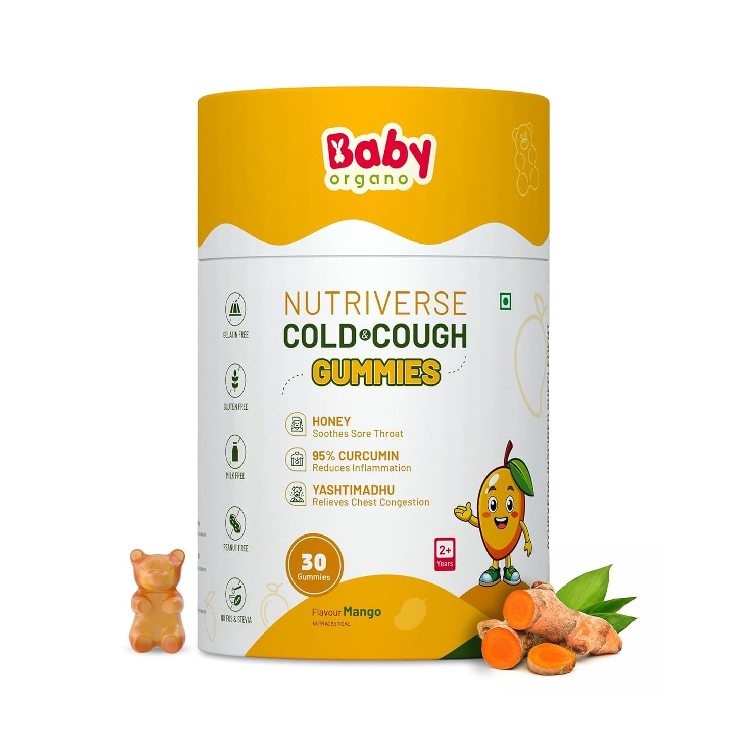 BabyOrgano Cough & Cold Relief Gummies for Kids 2+ Years | Yashtimadhu, 95% Curcumin, Ginger & Honey | Non-Drowsy Ayurvedic | Gelatin Free Gluten Free | Mango Flavour | 30 Gummies