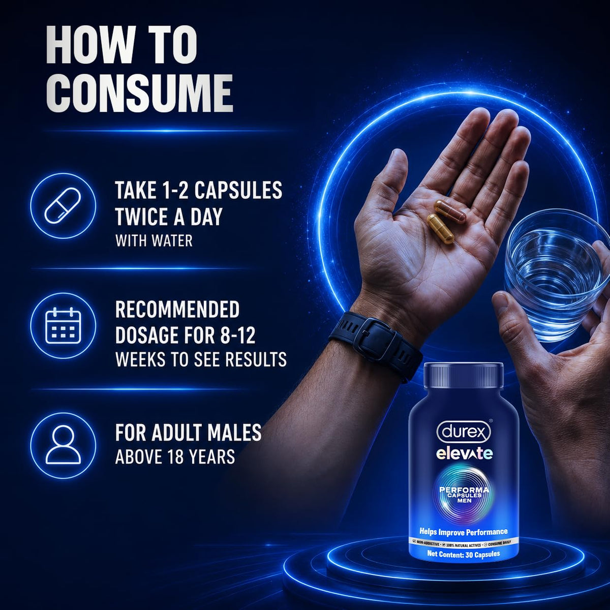 Durex Elevate Performa Capsules for Men | Ashwagandha KSM-66 Purified Shilajit & Supplement | Supports Strength & Stamina | 30 Capsules