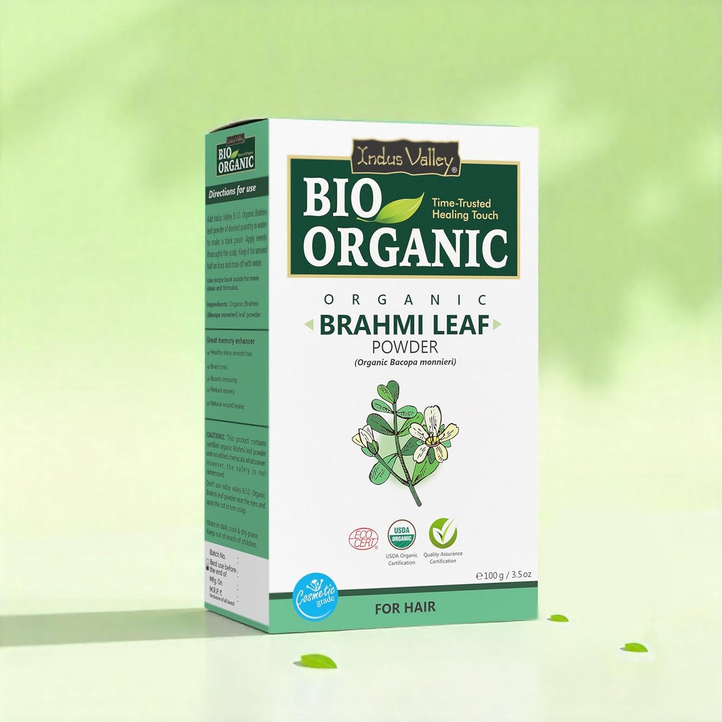 Box of Artesa Valley Bio Organic Brahmi Leaf Powder on a green background