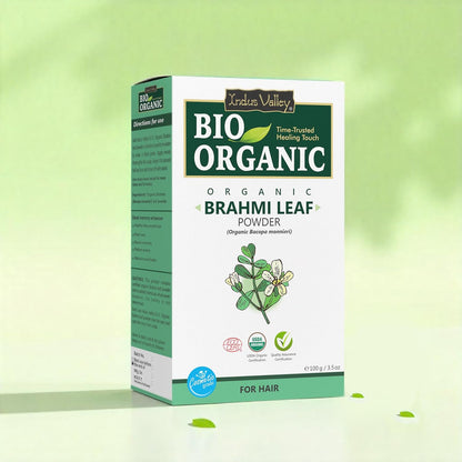 Box of Artesa Valley Bio Organic Brahmi Leaf Powder on a green background