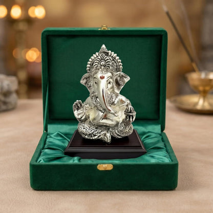 Dev Aastha 999 Silver Plated Lord Ganesha Idol Sitting with Intricate Detailing - Vighnaharta Showpiece for Prosperity and Good Fortune - Premium Anti-Tarnish Murti for Temple and Desk