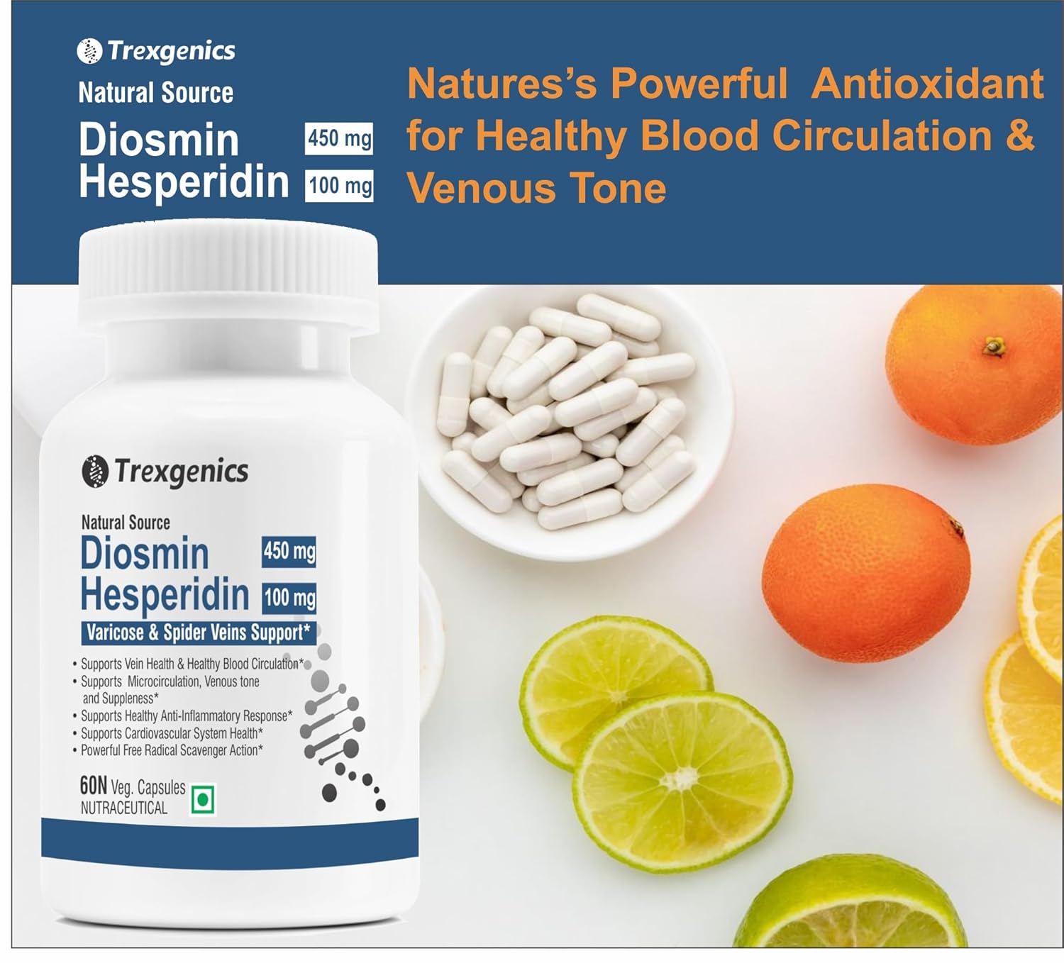 Trexegenics Diosmin Hesperidin supplement bottle with capsules and fruits on a white background