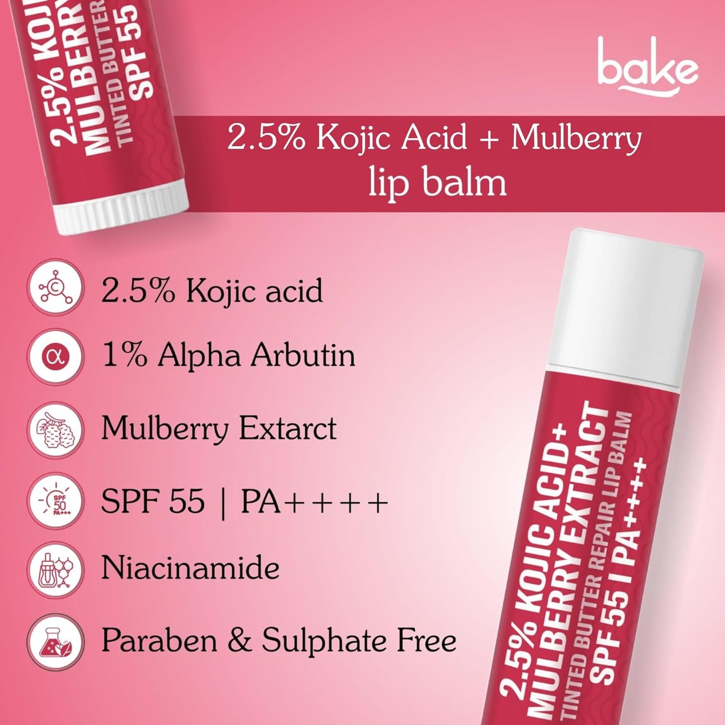 BAKE 2.5% Kojic Acid Mulberry Extract Tinted Butter Brightening Lip Balm SPF 55 PA++++ 24 Hour Moisturization | For Dark, Pigmented, Dry & Flaky Lips | De-Tan Lip Balm - 5g