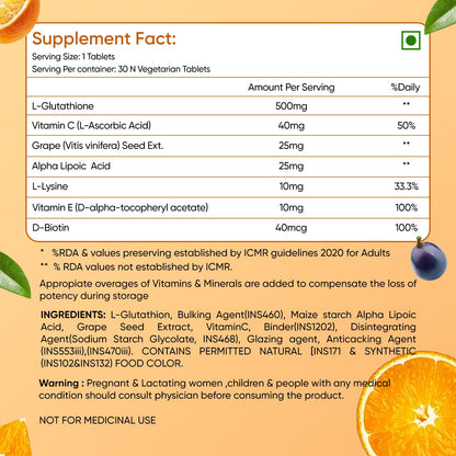 Herbalmax L-Glutathione Tablets with Vitamin C Skin Whitening, Brightening & Radiance Powerful Antioxidant & Immunity Booster Natural Detox Support 30 Tablets